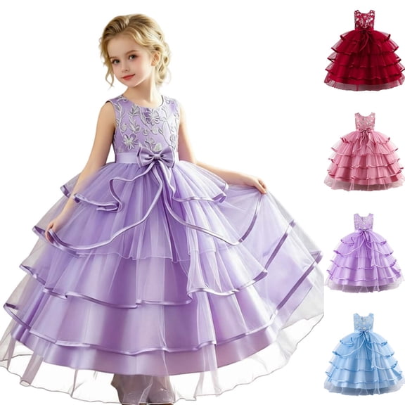 HJYCHN Toddler Dress Sleeveless Tiered Cake Gown with Embroidered Bodice and Waist Bow for Girls Dresses 4-5 Years