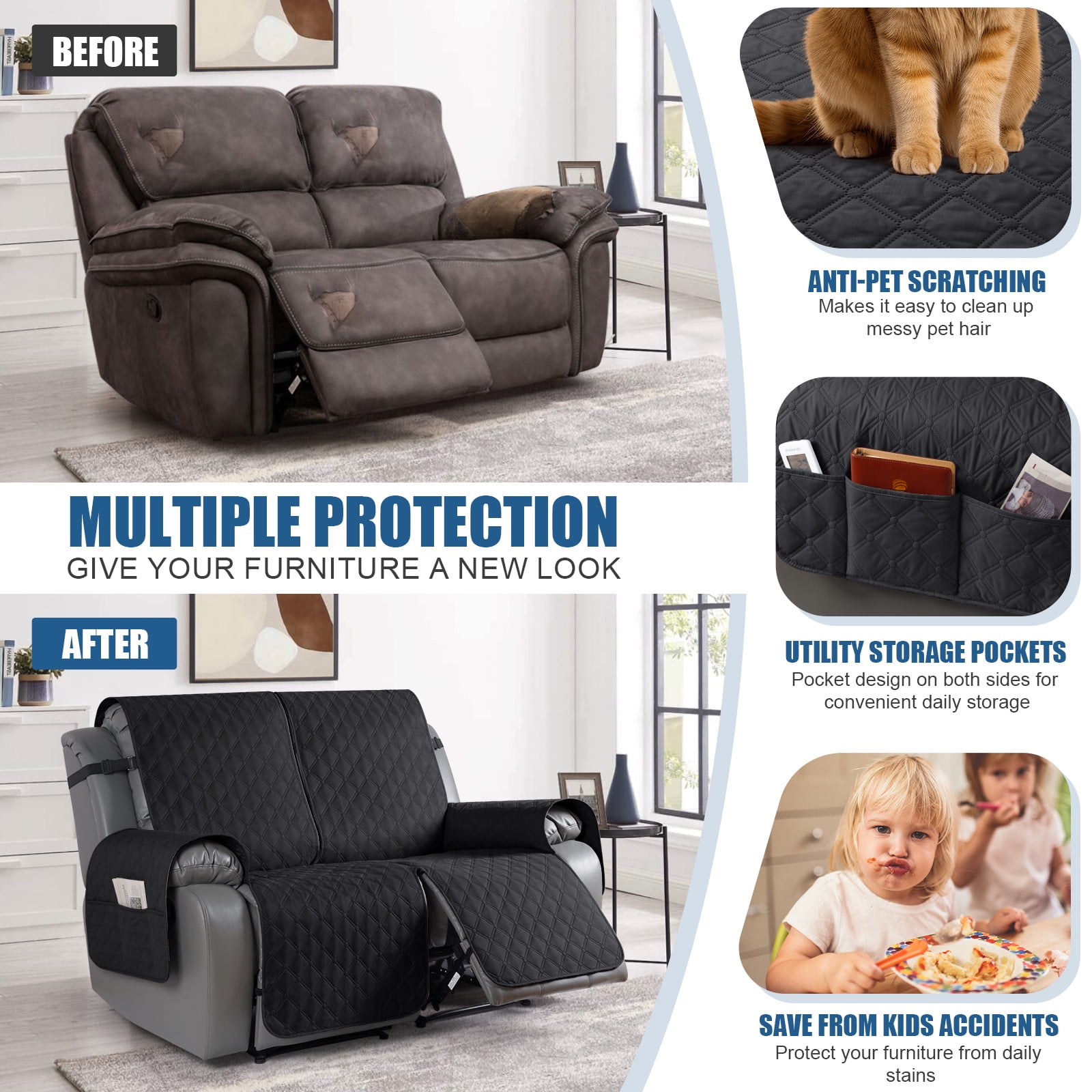 Timeles Waterproof Recliner Covers Loveseat Recliner Sofa Covers with Leg Straps Reversible Recliner Couch Cover for 2 Seat Reclining Chair Washable Couch Protector for Pets Kids (Black)