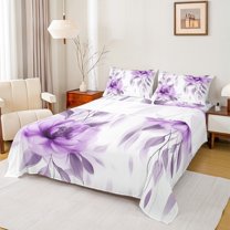 jejeloiu Country Floral Bed Sheets,Rustic Plant King Sheets,Purple White Sheet Set For Girls Teens,Luxury Bedroom Decor,4pcs