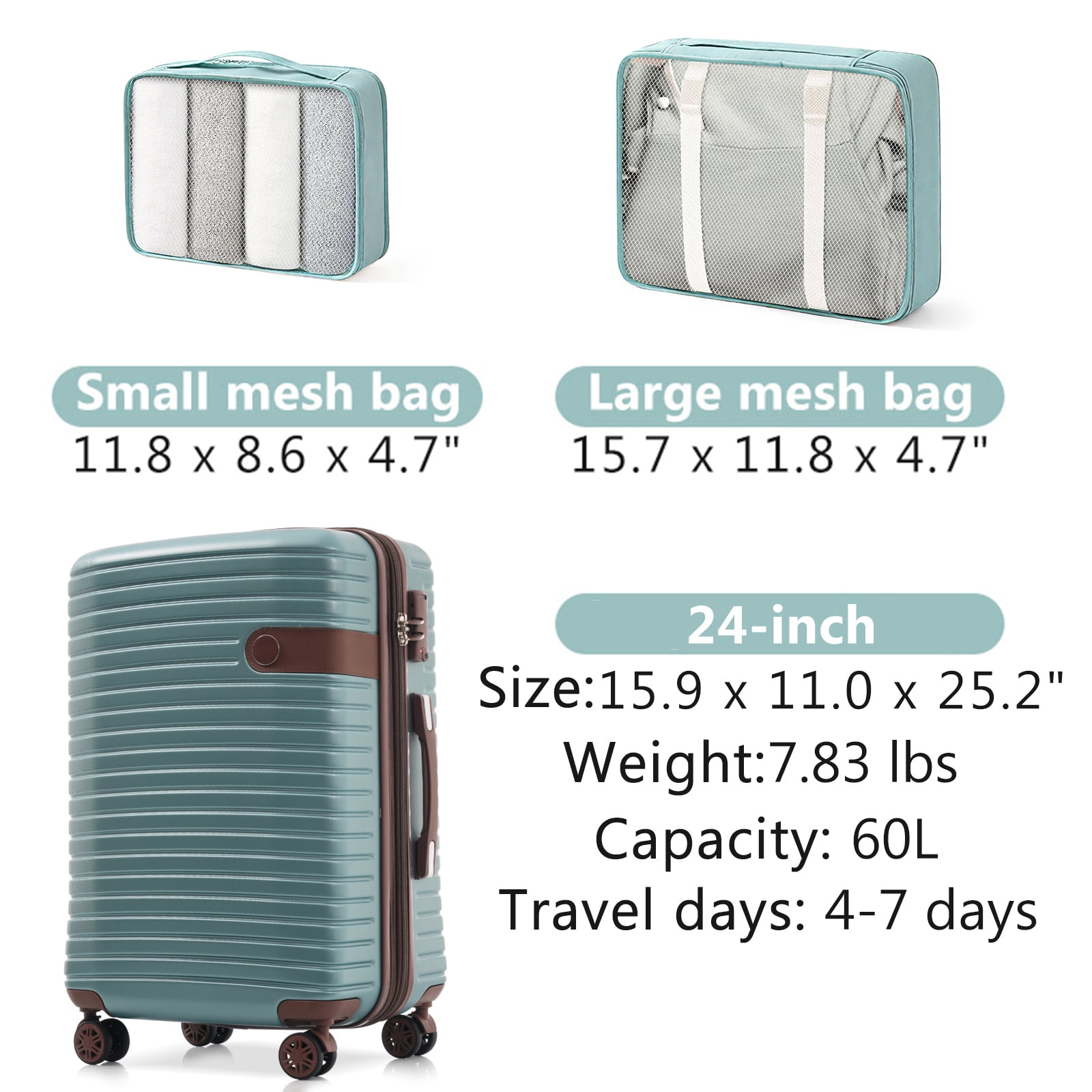 Euroco Luggage Set 3 Piece,Lightweight Expandable 24" Checked Suitcase with TSA Lock,2 Packing Cubes and Spinner Wheels for Travel,Blue