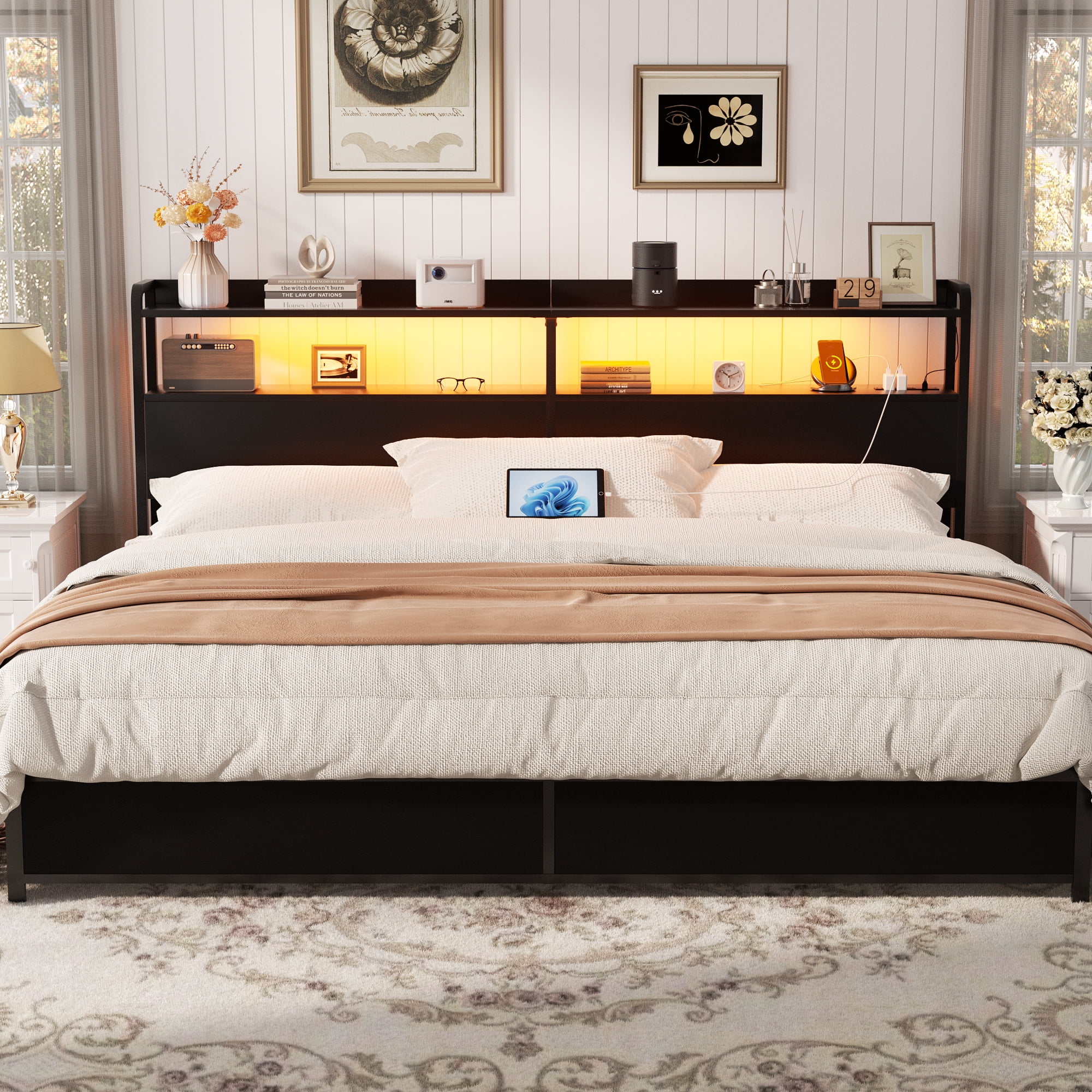 iSunrim Headboard for King Size Bed Frame, Headboard with Charging Station, USB Ports and LED Light, Headboard with Storage, Height Adjustable, King Size, Black