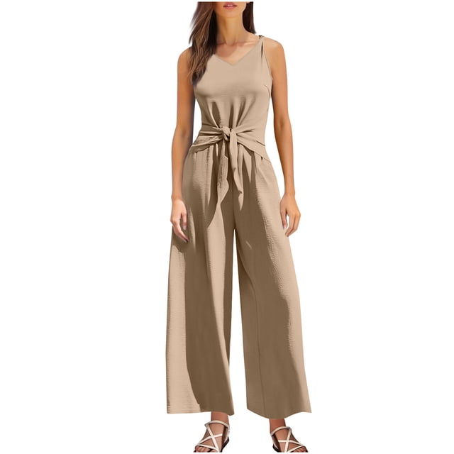 Jumpsuit for Women, Solid-Color V-Neck Sleeveless Wide-Leg Twisted Design, Black, Regular Length, Hand Wash Only