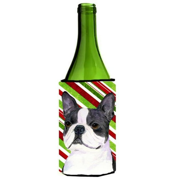 Boston Terrier Candy Cane Holiday Christmas Wine bottle sleeve Hugger - 24 oz.