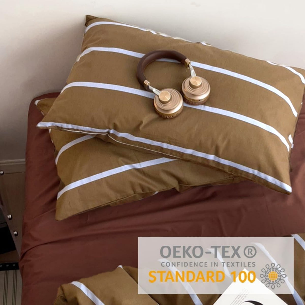 NAYOROOM Brown Blue Striped Duvet Cover Queen Set, 3-Piece Retro Vertical Ticking Stripes Breathable Comforter Cover