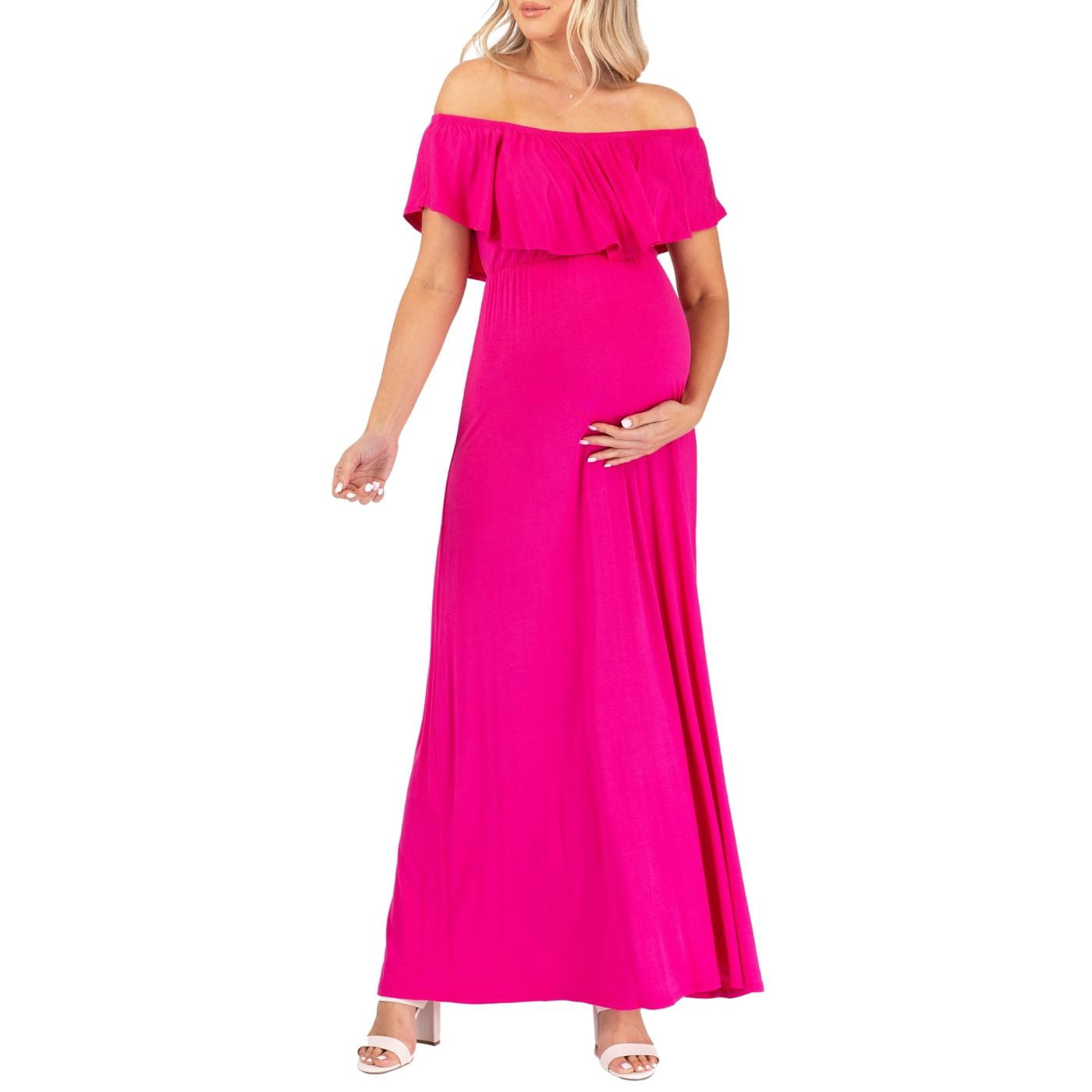 Mother Bee Maternity Open Shoulder Dress with Ruffles 
