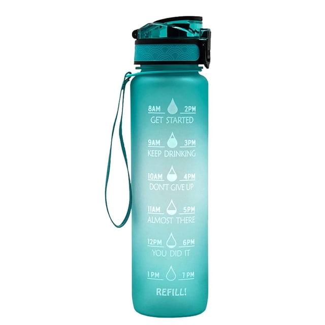 AMERTEER Motivational Water Bottle 32oz/1L with Time Marker & Removable Strainer to Remind You Drink More Water Leakproof BPA Free Wide Mouth Sport Water Jug for Running Hiking(Green)