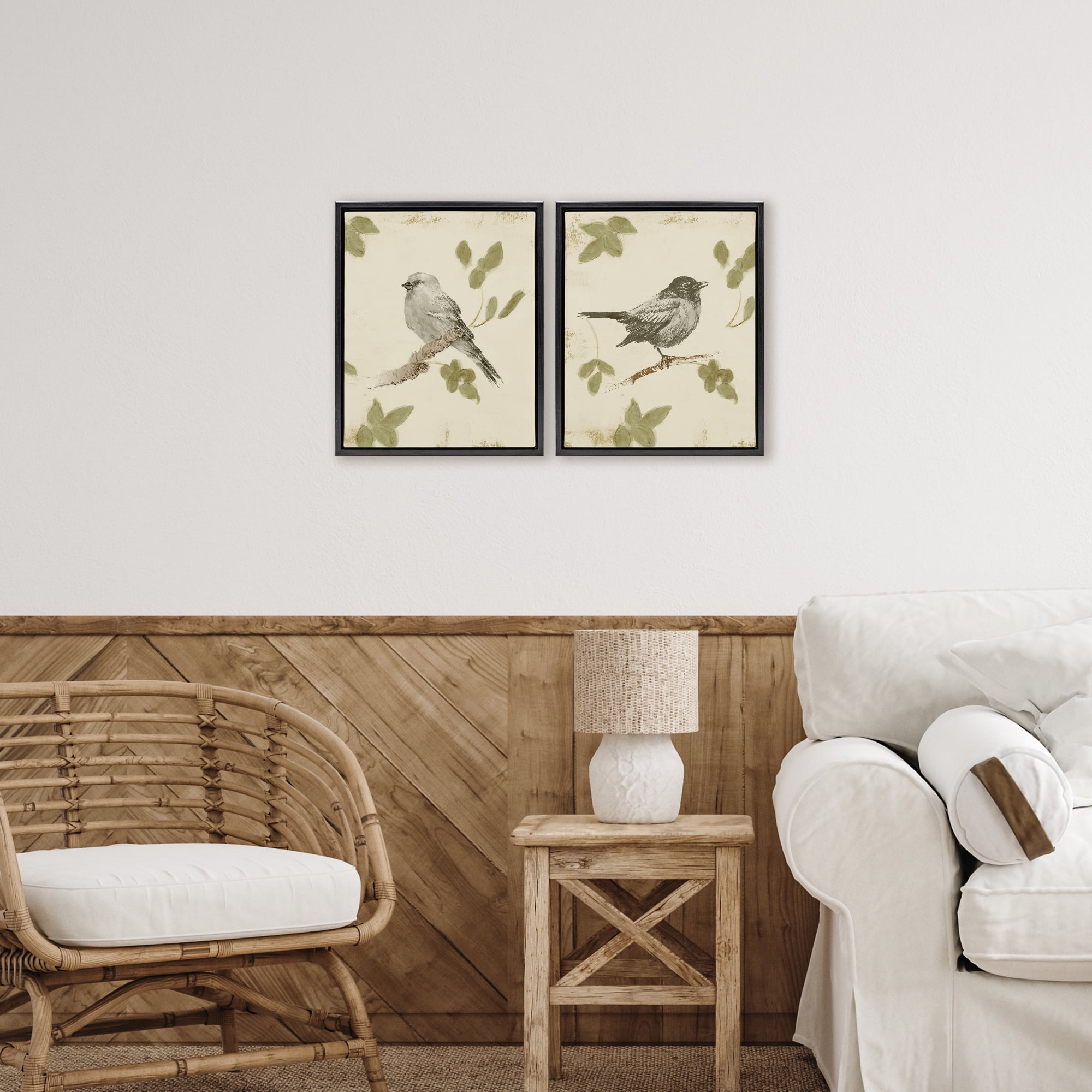 Stupell Industries Neutral Bird Scene 2 Piece Black Framed Floater Canvas Set, design by Lanie Loreth