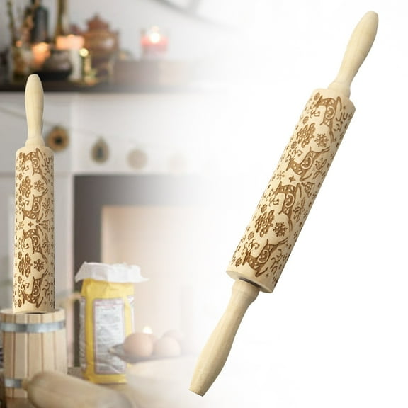 FURNIX Wooden Christmas Embossing Rolling Pin,Laser-Engraved Baking Tool,Festive Symbol Cookie Stamp,Textured Dough Roller,Festive Holiday Baking Prop,Xmas Cookie Mold,Engraved Kitchen Tool,A 13.78"