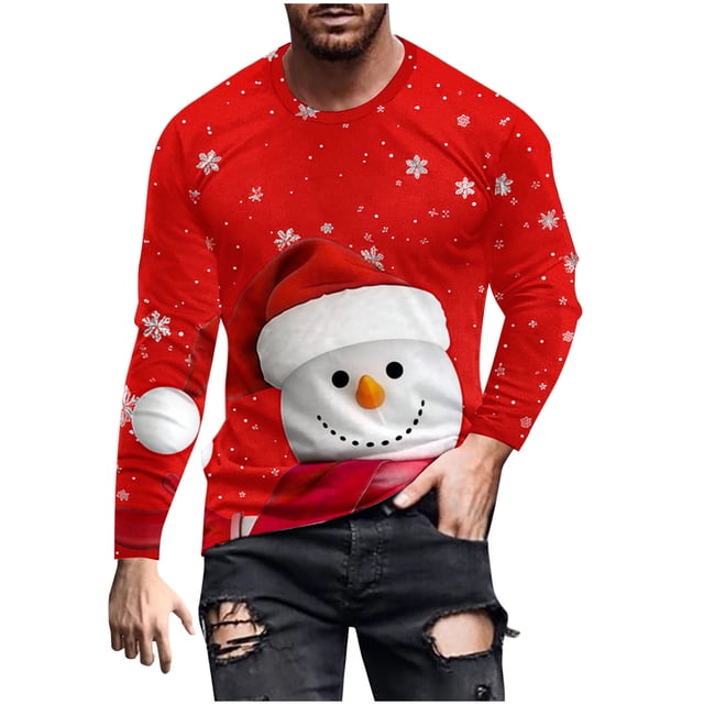 Funicet Chemise à Manches Longues pour Hommes, Chemises à Manches Longues pour Hommes, T-Shirt Décontracté Mode de Noël à Col Rond, Chemise de Noël pour Hommes, Chemises à Manches Longues pour Hommes
