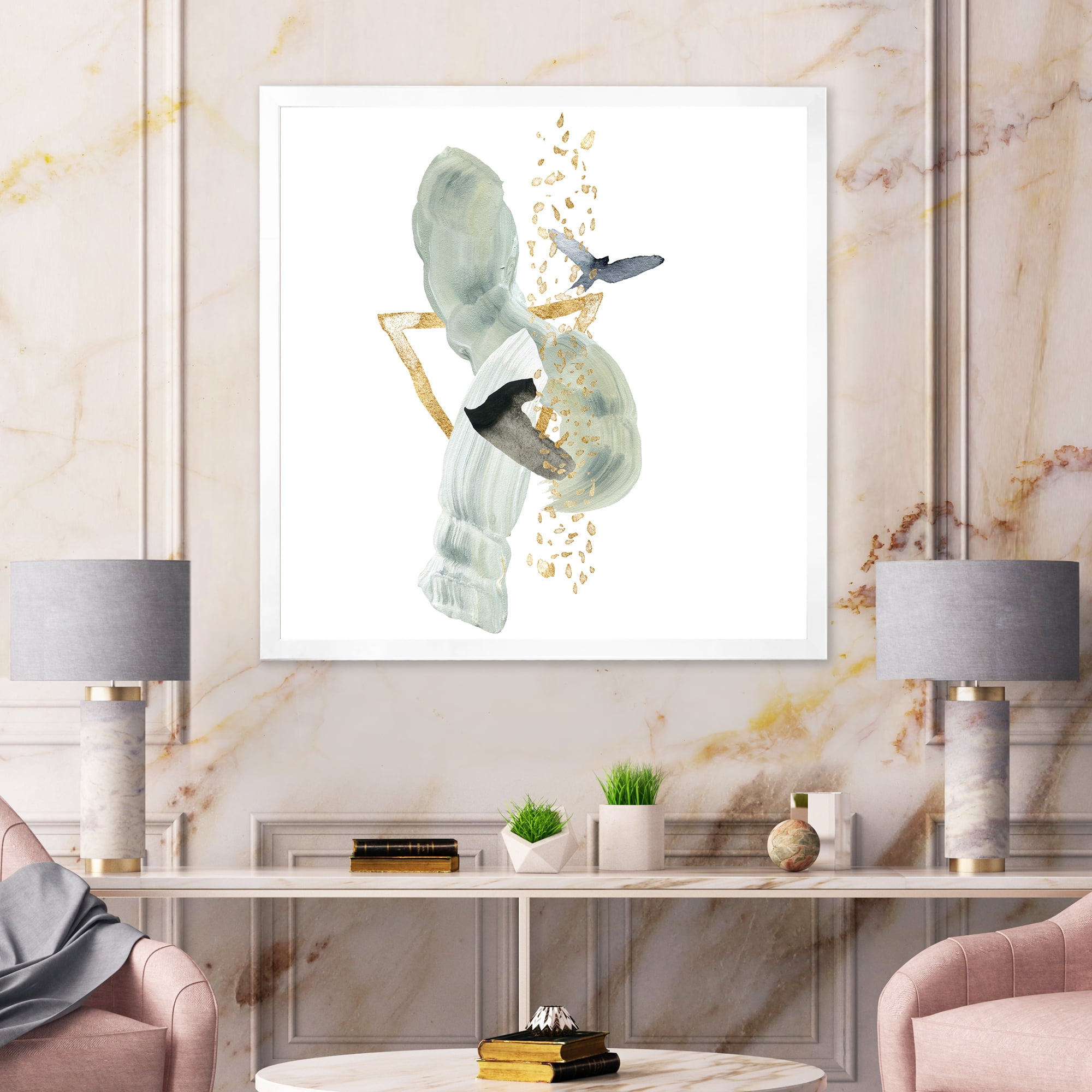 Designart 'Abstract Golden Mountain With Bird and Moon' Modern Framed Art Print