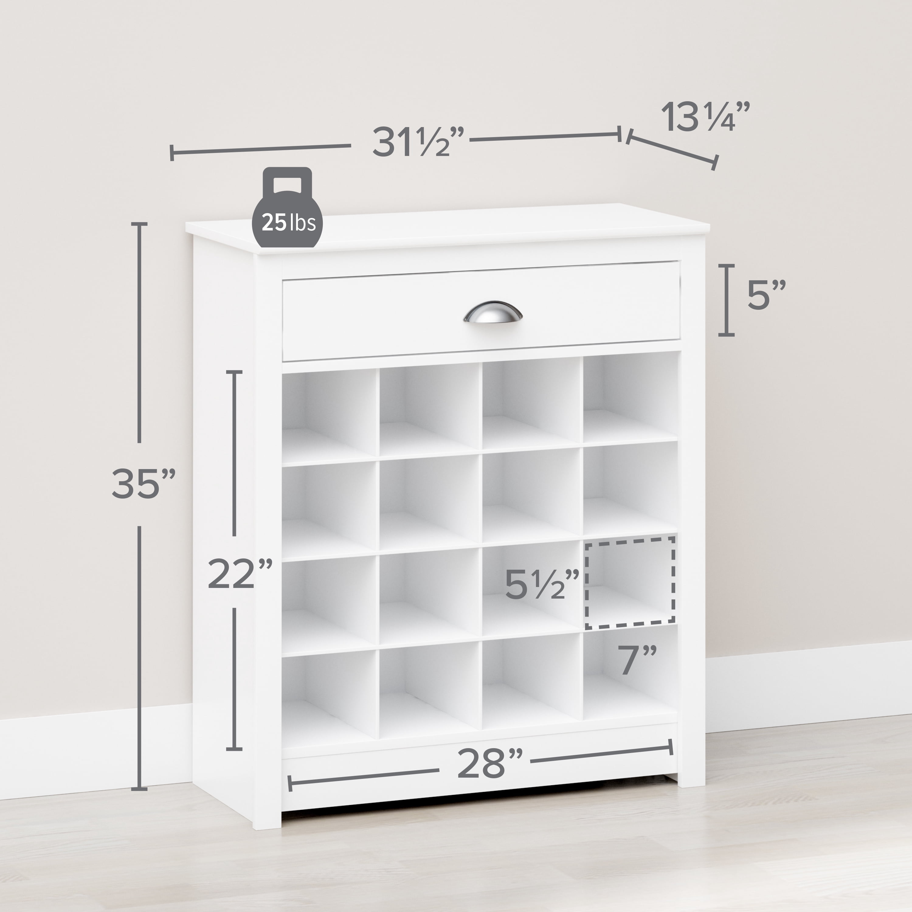 Prepac Entryway Shoe Storage Cabinet with 16 Cubbies and a Slim Top Drawer, White