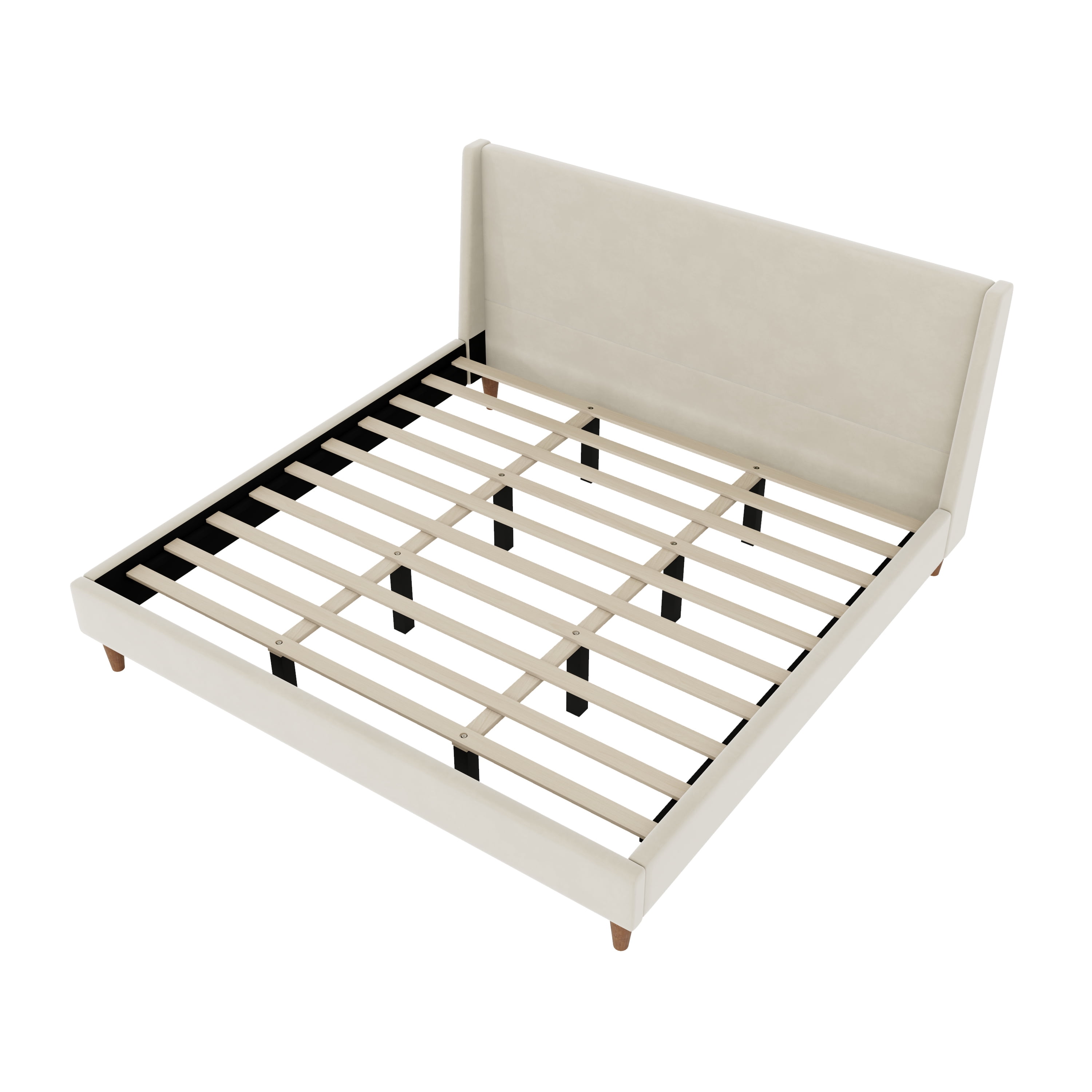 Euroco Upholstered King Size Platform Bed, Velvet Bed with Wingback Headboard, Beige