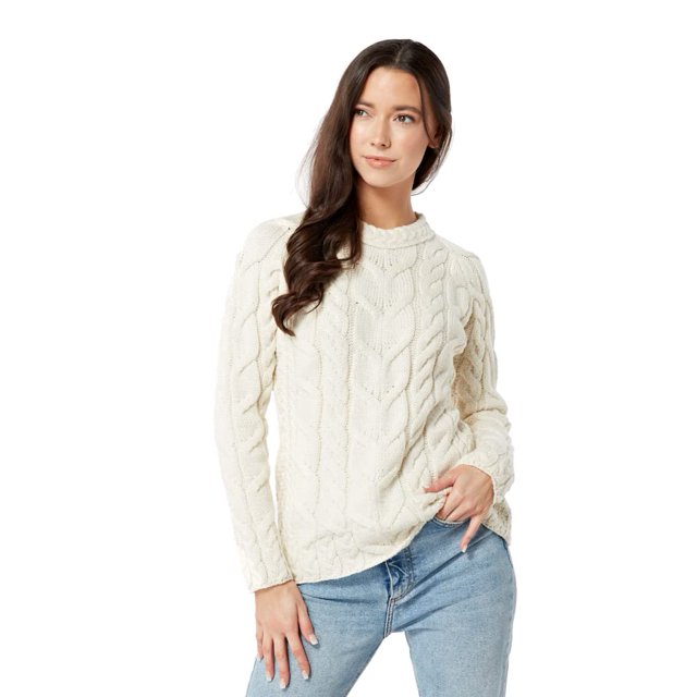Carraig Donn Ladies Irish Multi Cabled Raglan Super Soft Merino Wool Sweater (Small, Natural)