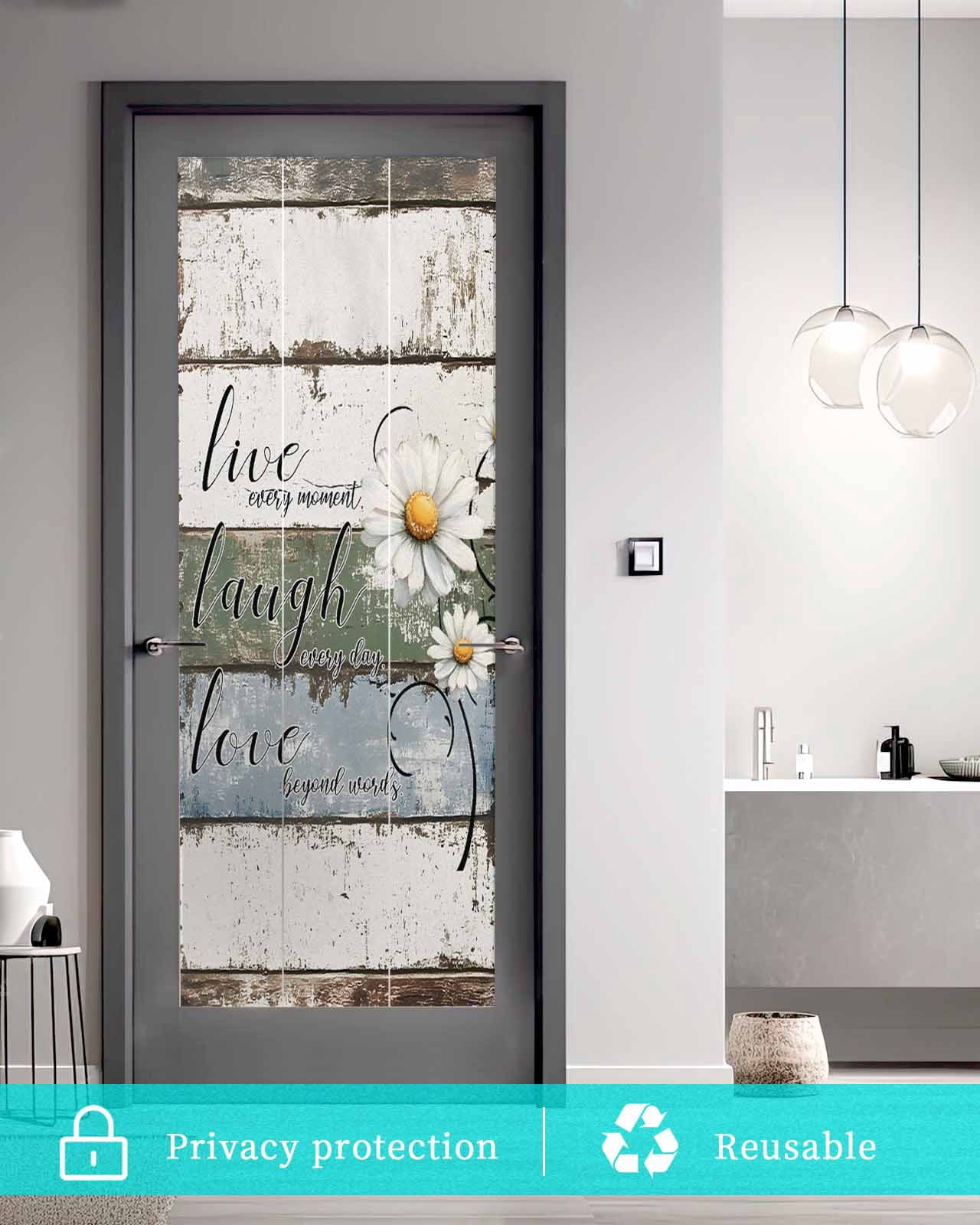 Window Privacy Film White Green Blue Stained Glass Window Film Decorative Sun Block Window Cover Vintage Wooden Rustic White Daisy Floral Window Clings Static Adhesive Sticker for Bathroom 23.6"x59"