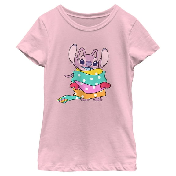 Girl's Lilo & Stitch Angel Wrapped in Scarf  Graphic Tee Light Pink Small