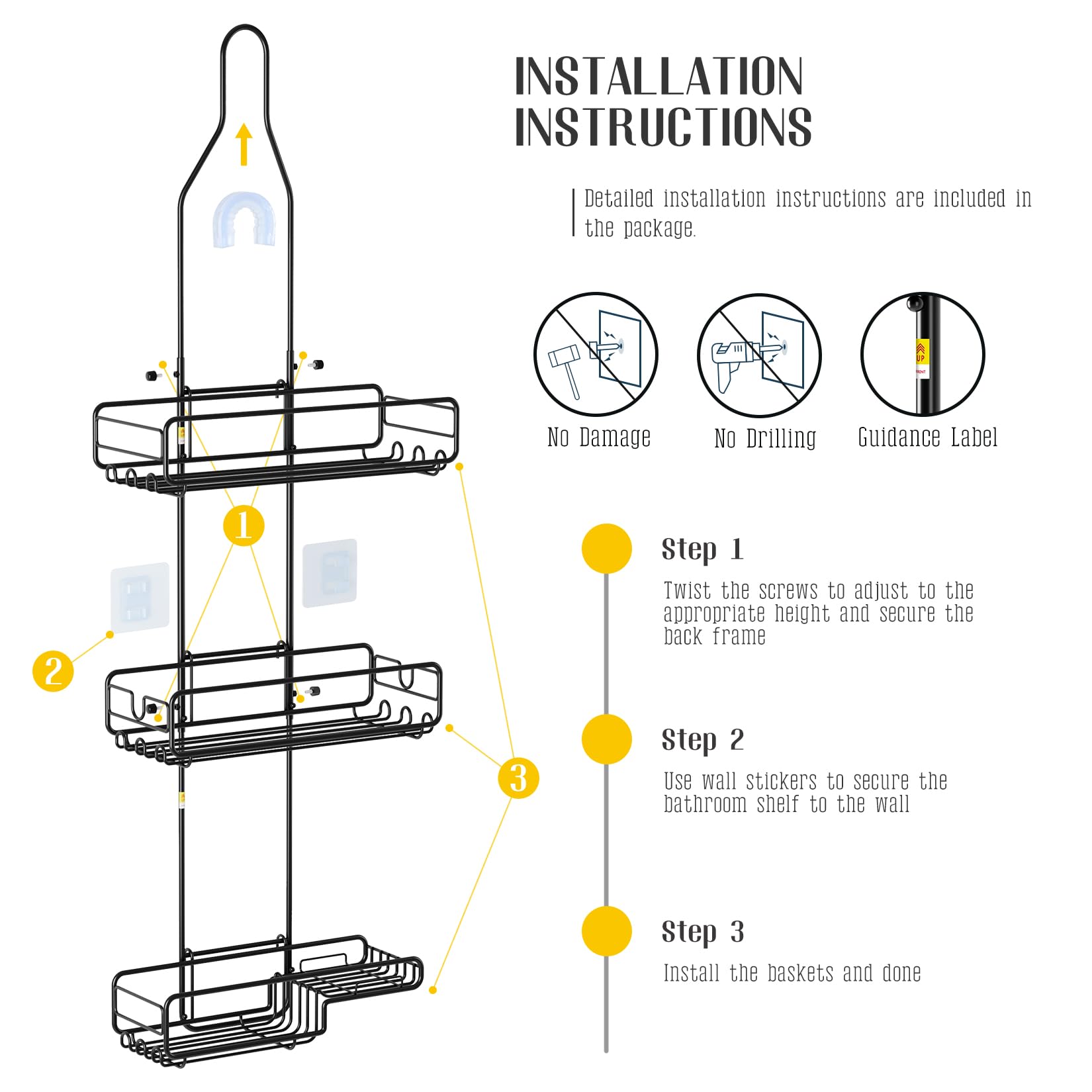 VANCORE Shower Caddy Hanging over Shower Head - Bathroom Shower Organizer Adjustable Rack for Tall Showerhead - Extra Large Storage Shelf for Big Shampoo Bottles with Soap Razor Holder