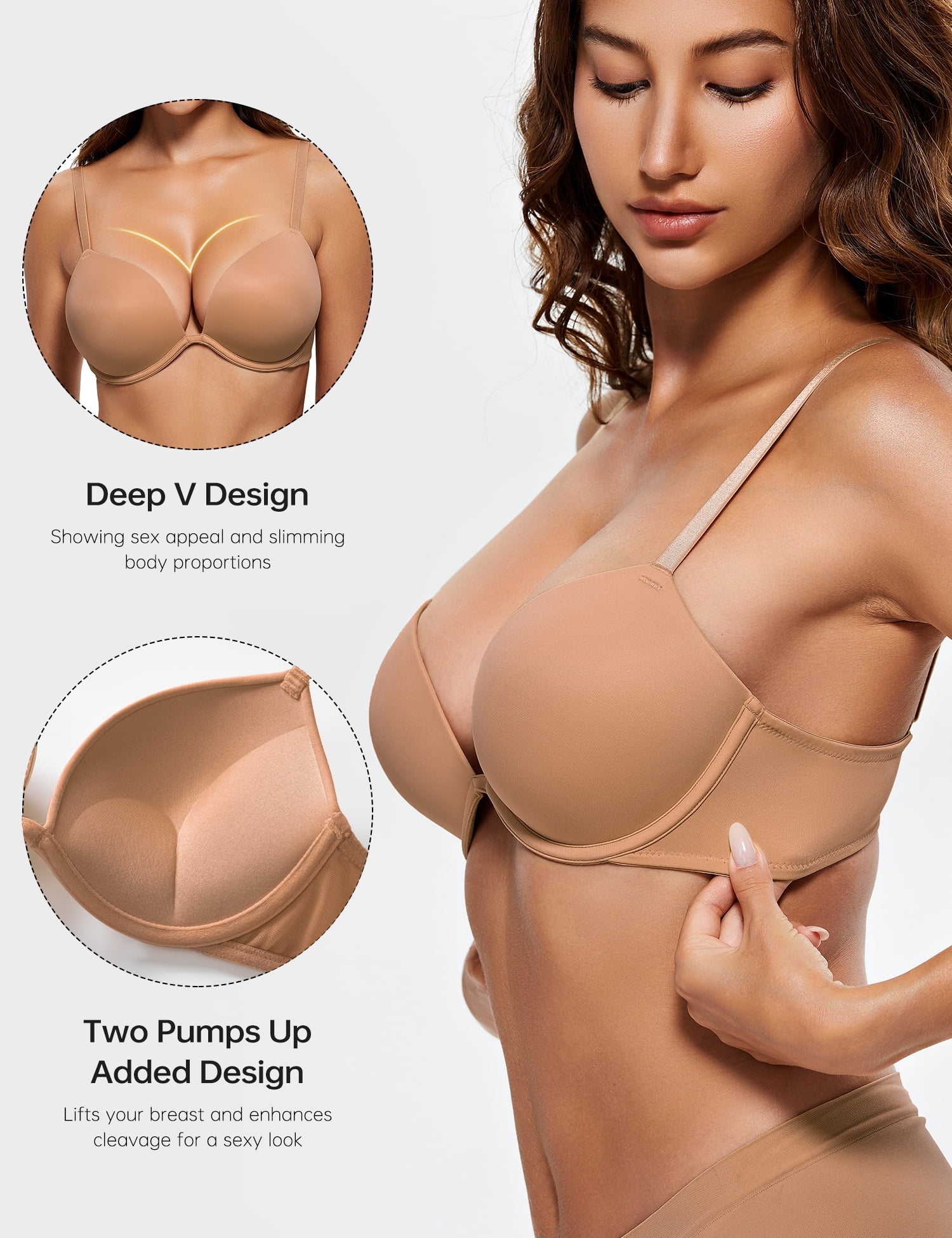 Wingslove Womens Push-up Bra Deep V Plunge Underwire T-Shirt Bra, Coffee 36D