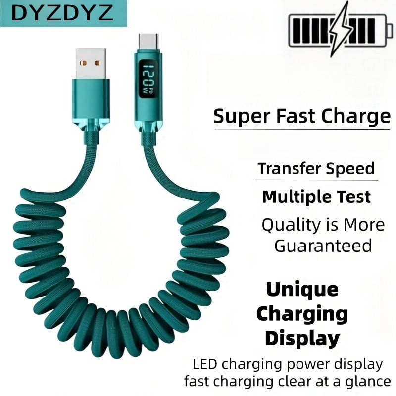 2pcs USB A to Type-C Super Fast Charging Data Cable | 3.3/6.6 Feet, Nylon Braided, Retractable, Compatible with Apple, Huawei, Samsung, Oppo, 50W Power Output, Tangle-free