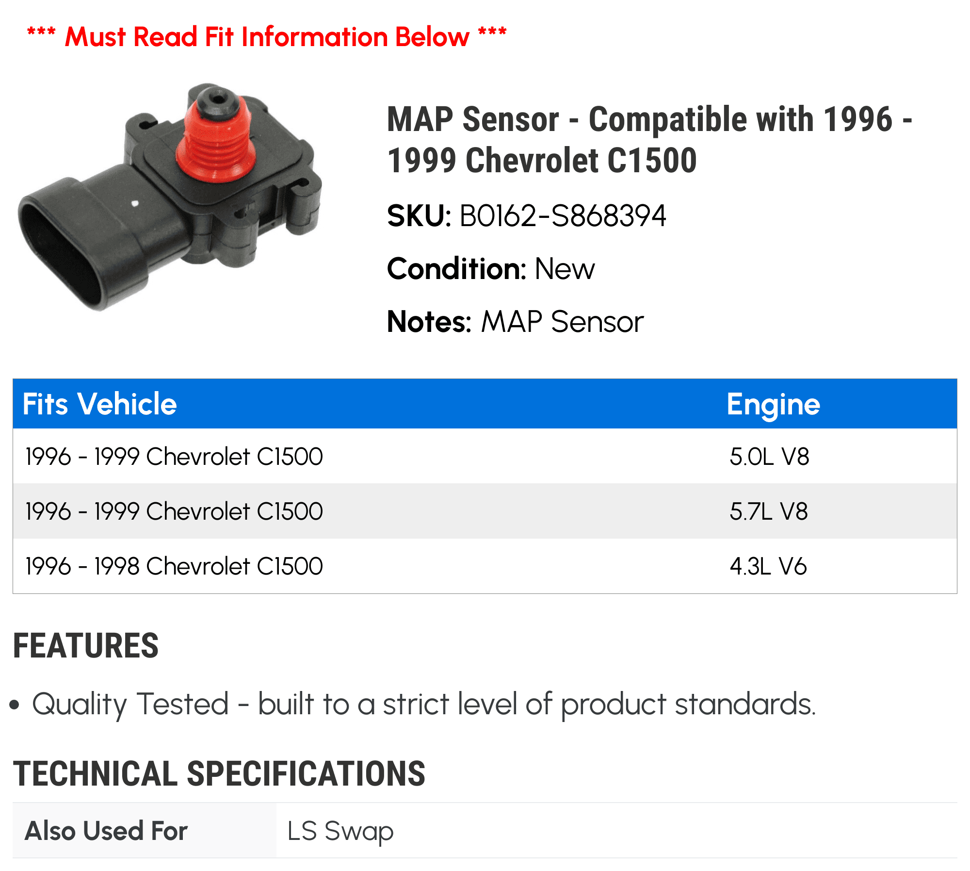 MAP Sensor - Compatible with 1996 - 1999 Chevy C1500 1997 1998