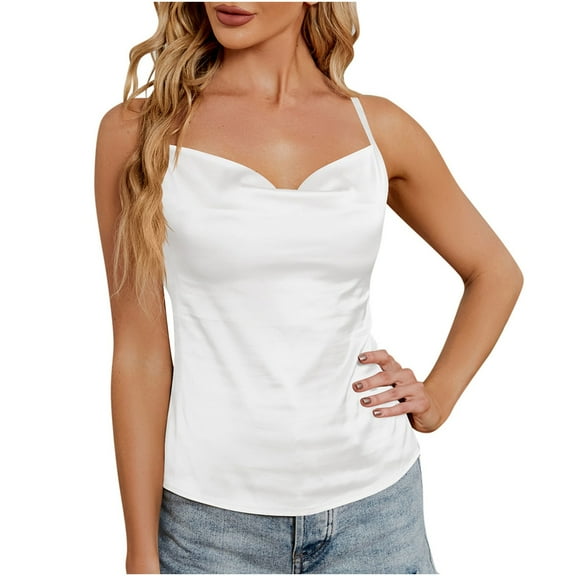 Elegant Satin Tank Tops for Women Sleeveles V Neck Sling Solid Silk Blouses Undershirt White XL