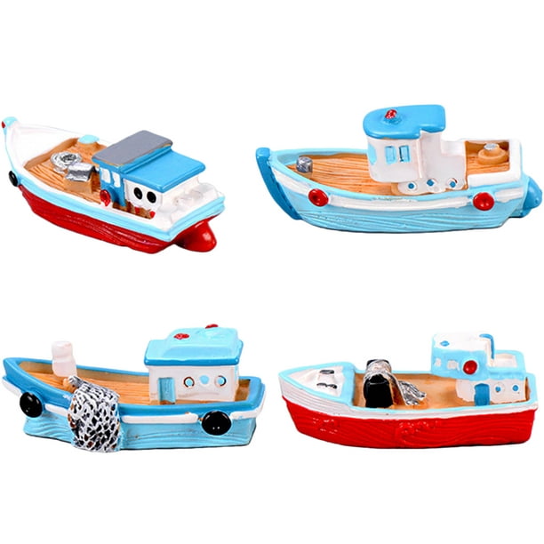 4pcs Resin Boat Models Miniature Mediterranean Fish Boats Crafts