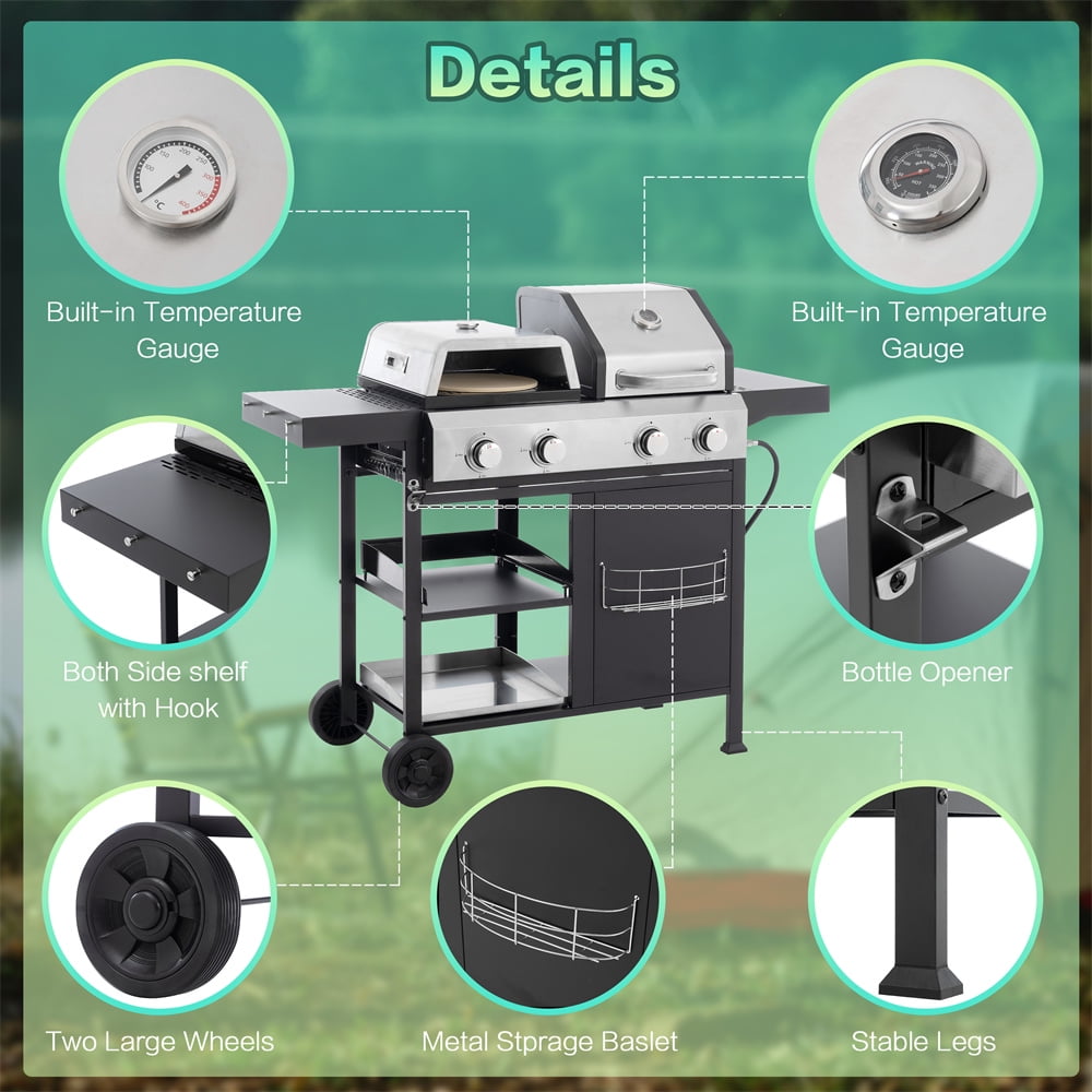HighSound 4 Burner Propane Gas Grill & Griddle Combo BBQ Grill with Lid & Pizza Oven 49200 BTU, Flat Top Propane Grill Griddle Combo for Outdoor Cooking While Camping & Tailgating, Black