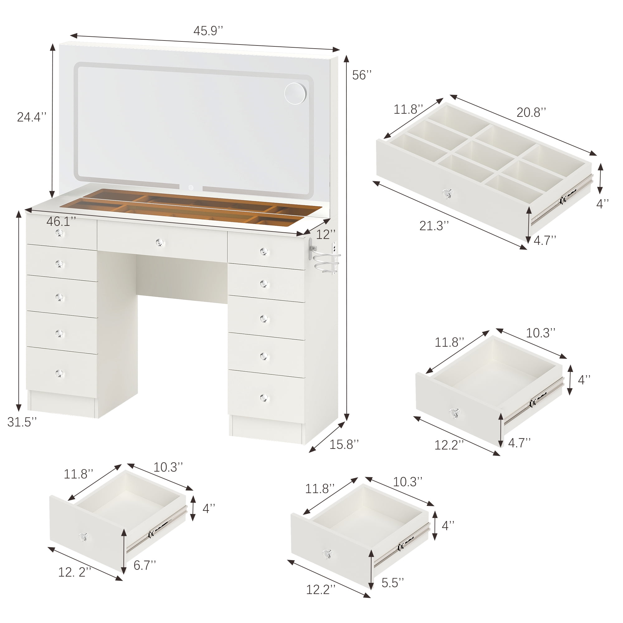 Vanity Desk with Tempered Glass top and Mirror and Lights,11 Drawers Makeup Vanity Desk, Vanity with 3 Adjustable Lighting Modes and Magnetic 5X Magnifier for Bedroom,White