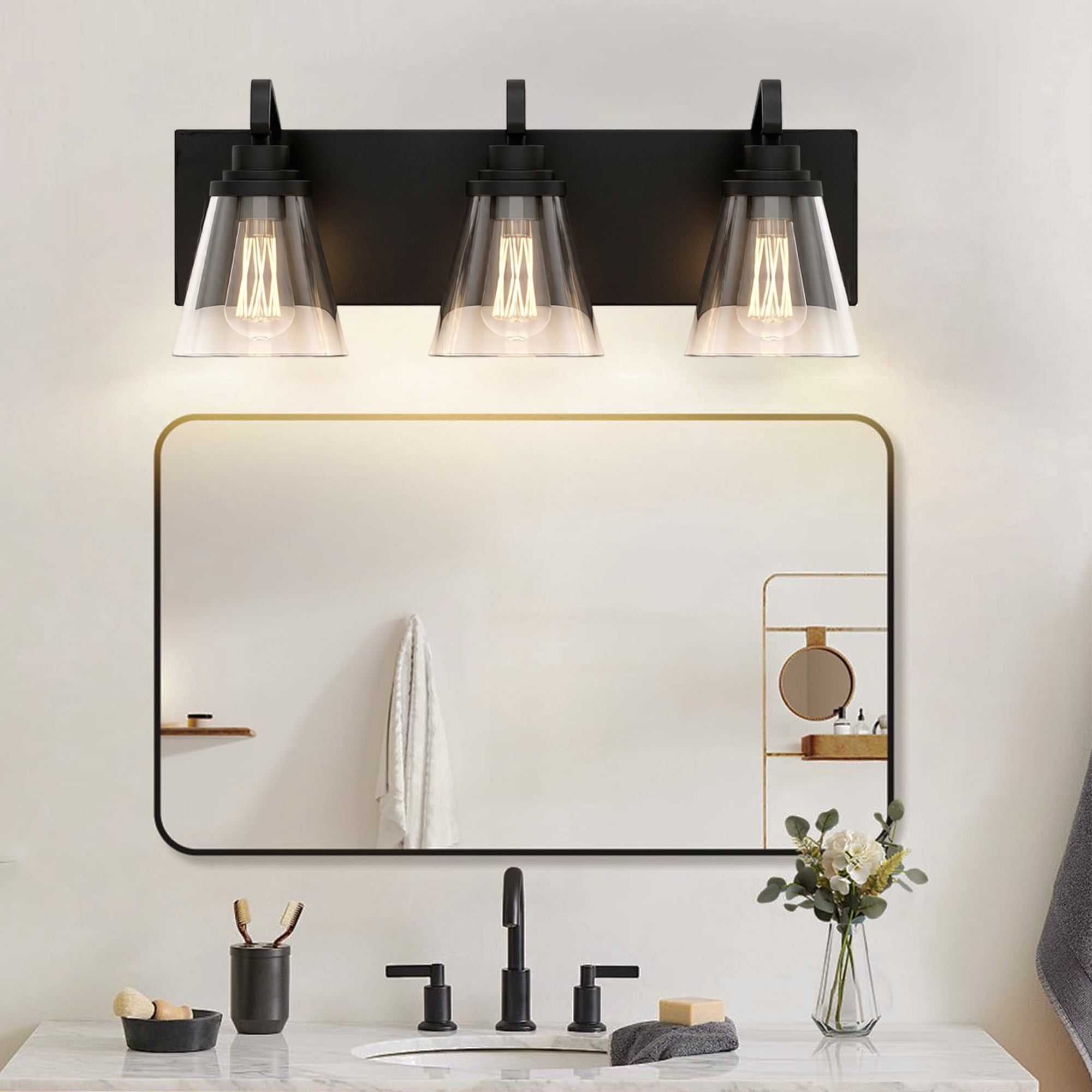 GCGAFUL 21.4" 3-Light Bathroom Vanity Light, Modern Black Vanity Light Fixtures Over Mirror with Clear Glass, Farmhouse Makeup Light for Salon Decor