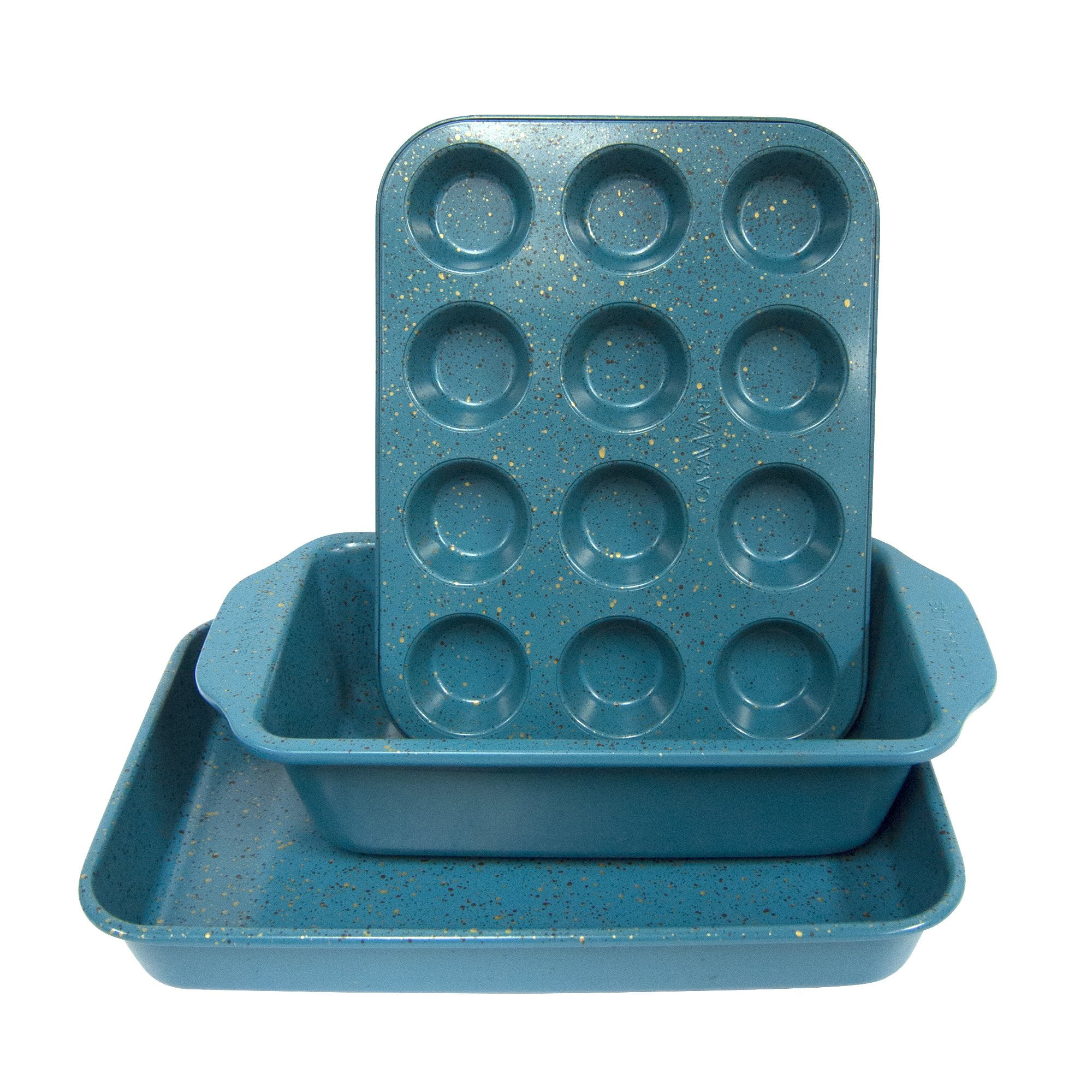 casaWare Toaster Oven 3pc Set Baking, Loaf and Mini Muffin Pan 12 Cup Blue