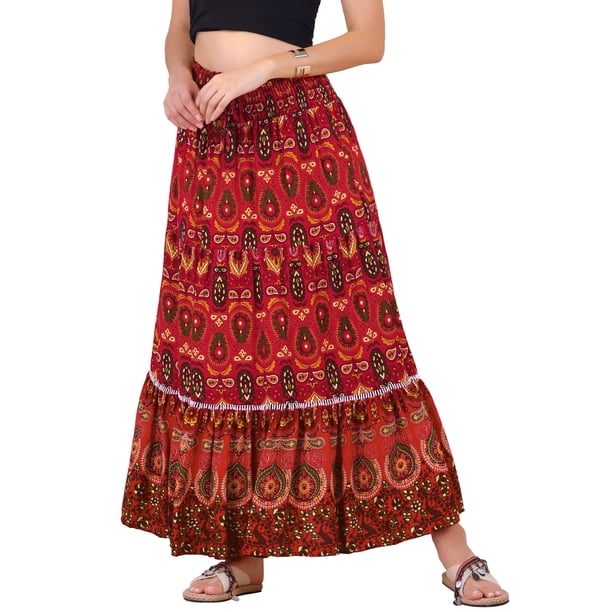 Faldas largas A-Line de cintura alta con smock floral bohemio para mujer INSPIRE CHIC XS rojas