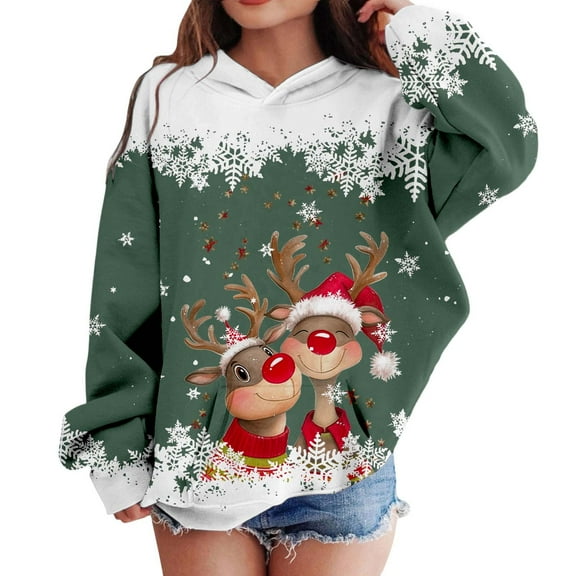 oqasdz Christmas Kids Sweatshirt Plus Size Cartoon Deer Prints Hooded Long Sleeved Snug Pullover Top for Boys and Girls Casual Relaxed Fit Daily Wear