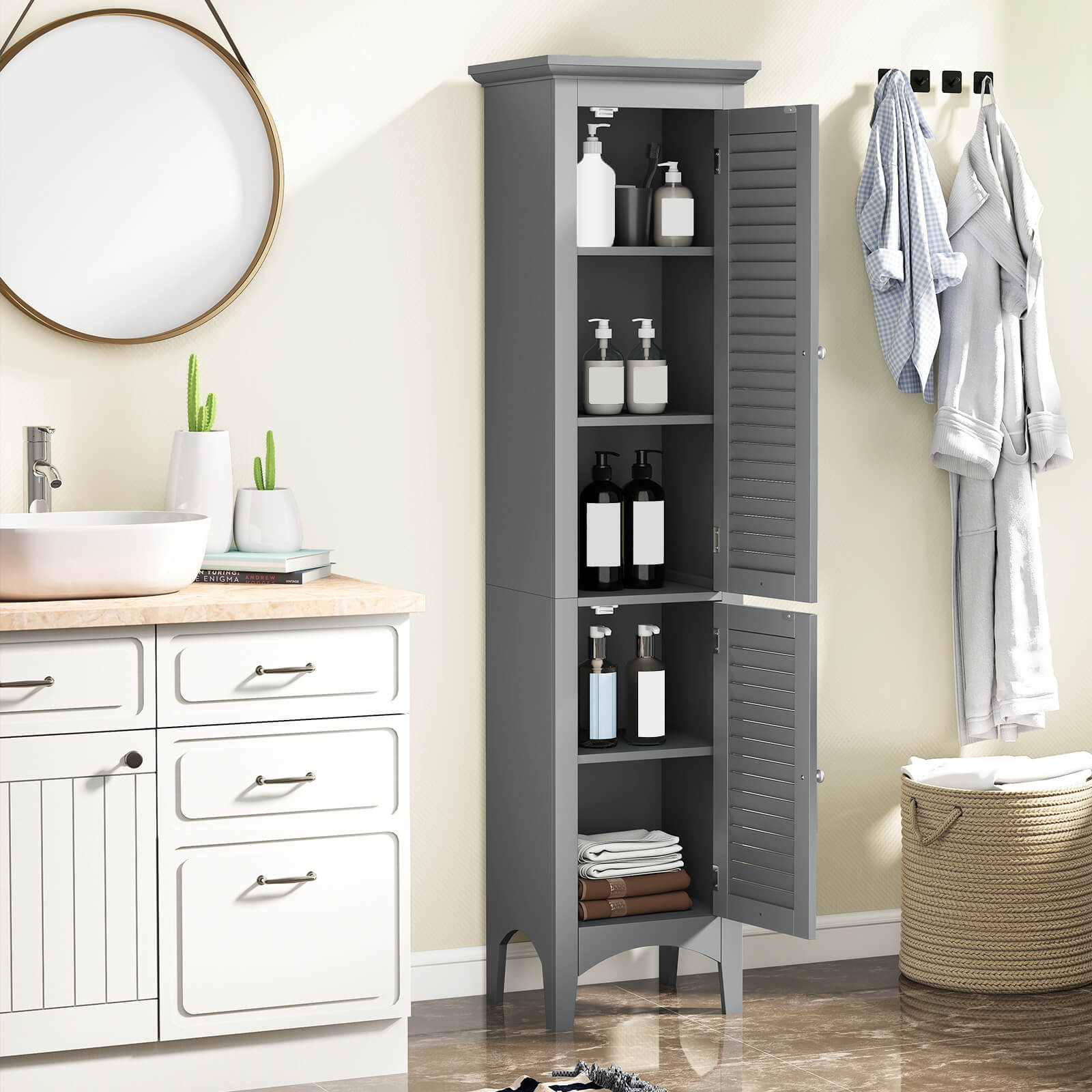 Costway 63” Tall Bathroom Cabinet with 2 Louvered Doors & Adjustable Shelf, Elevated Legs Gray
