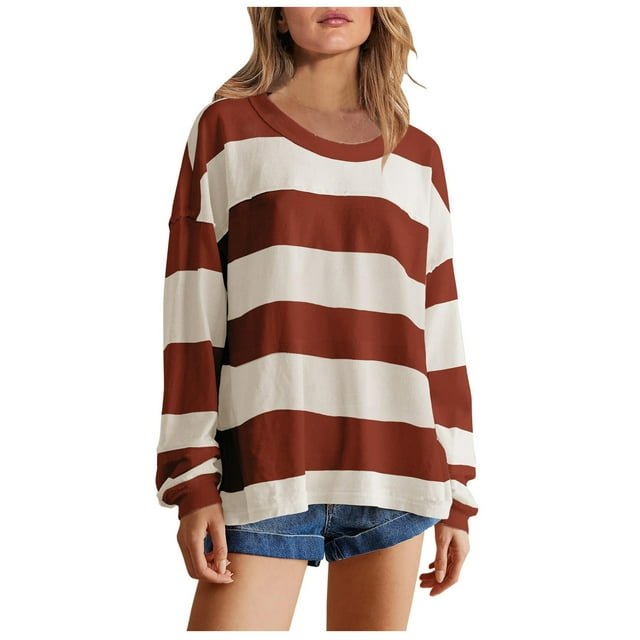 Timegard Chandails en Molleton pour Femmes à Rayures Col Rond Manches Longues Chandail Automne Ample Confortable Tops Surdimensionnés