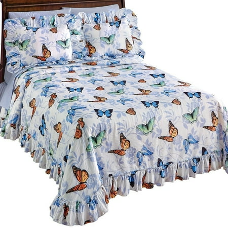 Colorful Quilts For Sale Butterfly Floral Plisse Ruffled Edge Lightweight Bedspread, Full, Bedspread features colorful butterflies in shades of orange, blue and green, accents of a light floral.., By Collections Etc ()