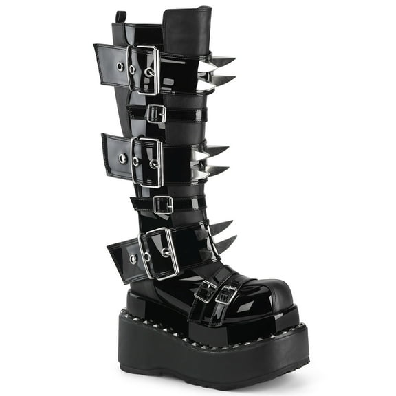 Demonia BEAR-215 Women's 4 1/2" Tiered Pyramid Stud Trimmed Platform Knee High Boots with Metal Claws Spikes