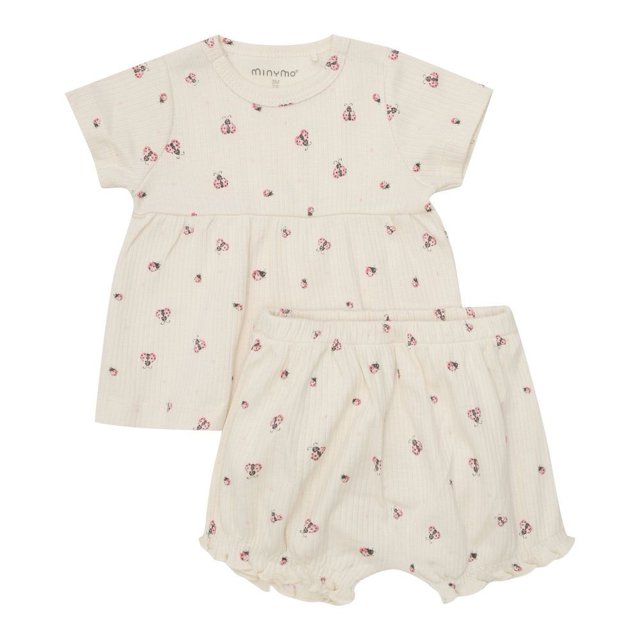 Minymo Chemise à Manches Courtes Côtelée avec Ensemble de Shorts - Fleurs Roses/cygne Blanc (1 Mois)