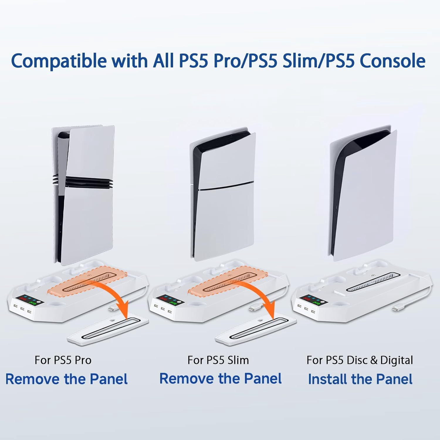 Cooling Station for PS5 & PS5 Slim Console Disc/Digital Edition, Stand Compatible with PlayStation 5, Charging Station with Dual Controller Charger, 3 Levels Cooling Fan, 3 USB Hubs & Headset Holder