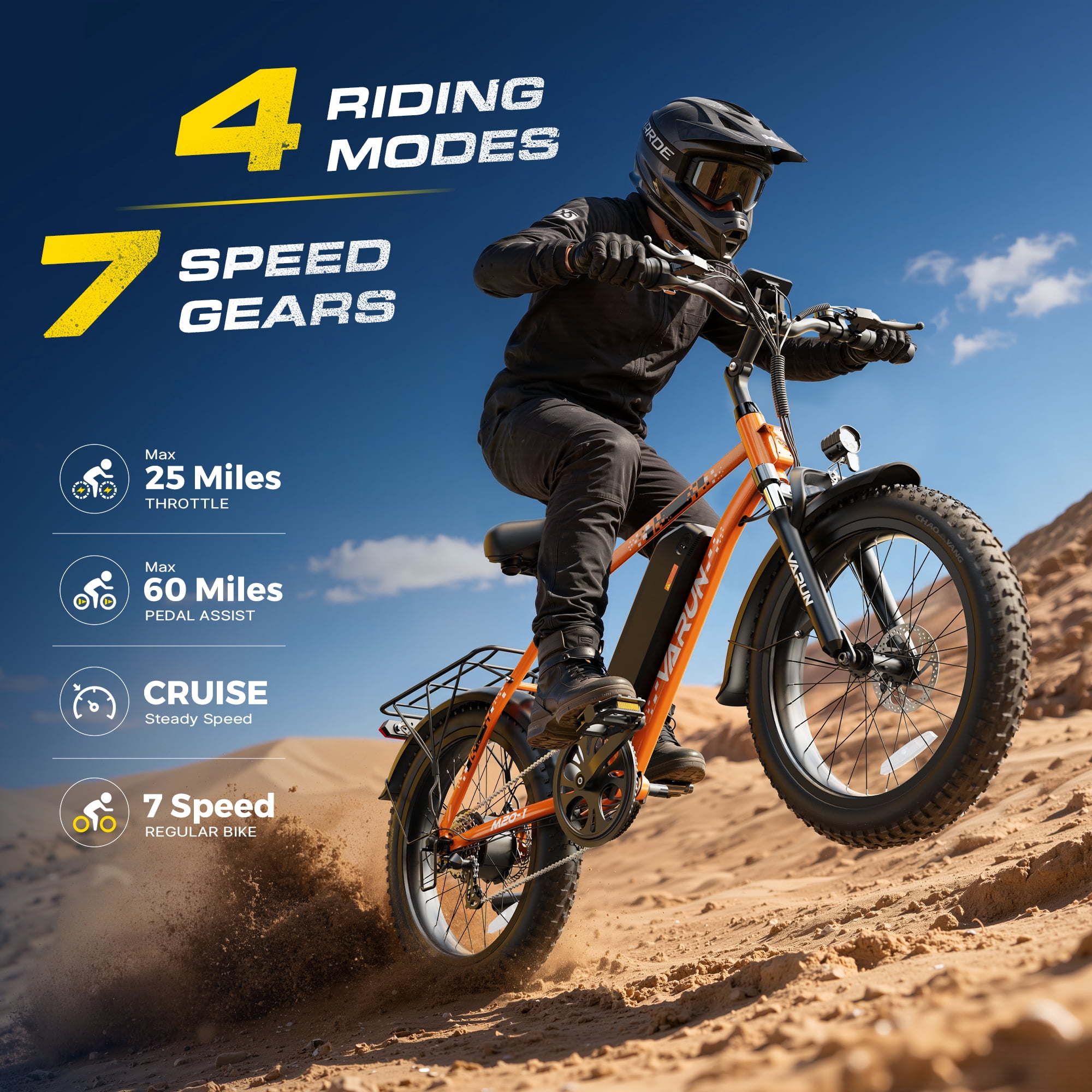 VARUN Electric Bike, 20" Fat Tire EBike for Adults with Peak 750W 48V 624Wh Removable Battery, Electric Mountain Bike for Men & Women with Top 20MPH 60Miles,7 Speed, Rear Rack, UL2849