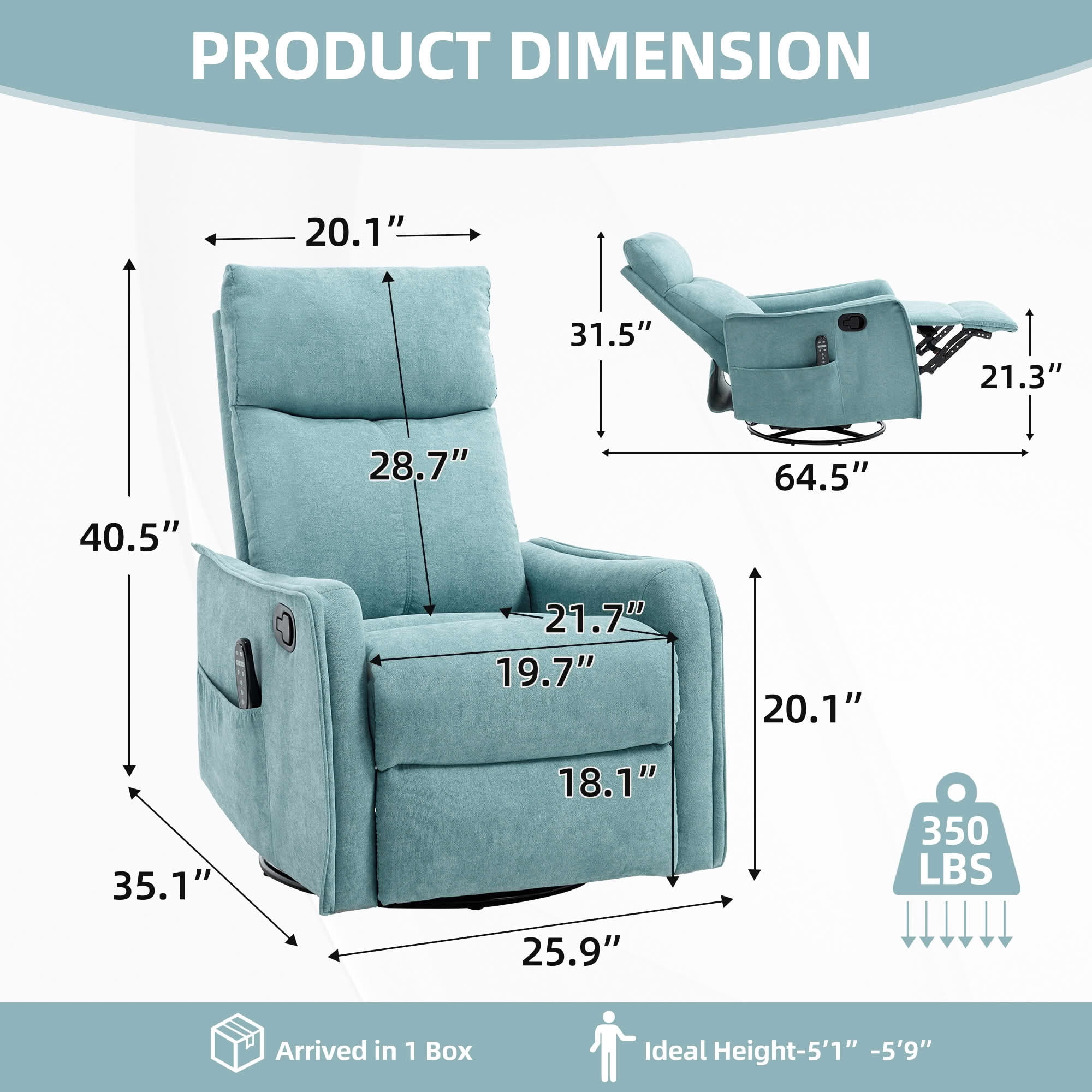 MAYEERTY Brown Chenille Heat Massage Recliner Chair, 360° Swivel Rocker for Living Room, 26"x35"x39"