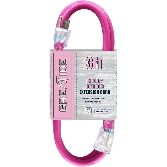 LAICAIW Rallonge Extérieure Éclairée de 3 Pi - Câble d'Extension Robuste 12/3 SJTW avec Fiche à 3 Broches Mise à la Terre - Cordon d'Alimentation 15 A pour Pelouse, Jardin, Électroménagers, Rose