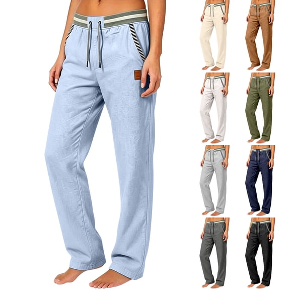 Women's Soft Linen Cotton Blend Straight Leg Pants, Mid Elastic Waist Pockets, Casual Business Summer Work Wear, Long Womens Trousers Capris | UKHCCC,Army Green L
