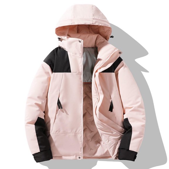 Yuaguia Men's Winter Cotton Jacket, Thick Padded Warm Coat, Waterproof Hooded Outdoor Outerwear, Loose Fit Color Block Casual Wear for Cold Weather Hiking, Camping & Commuting, Pink 2XL