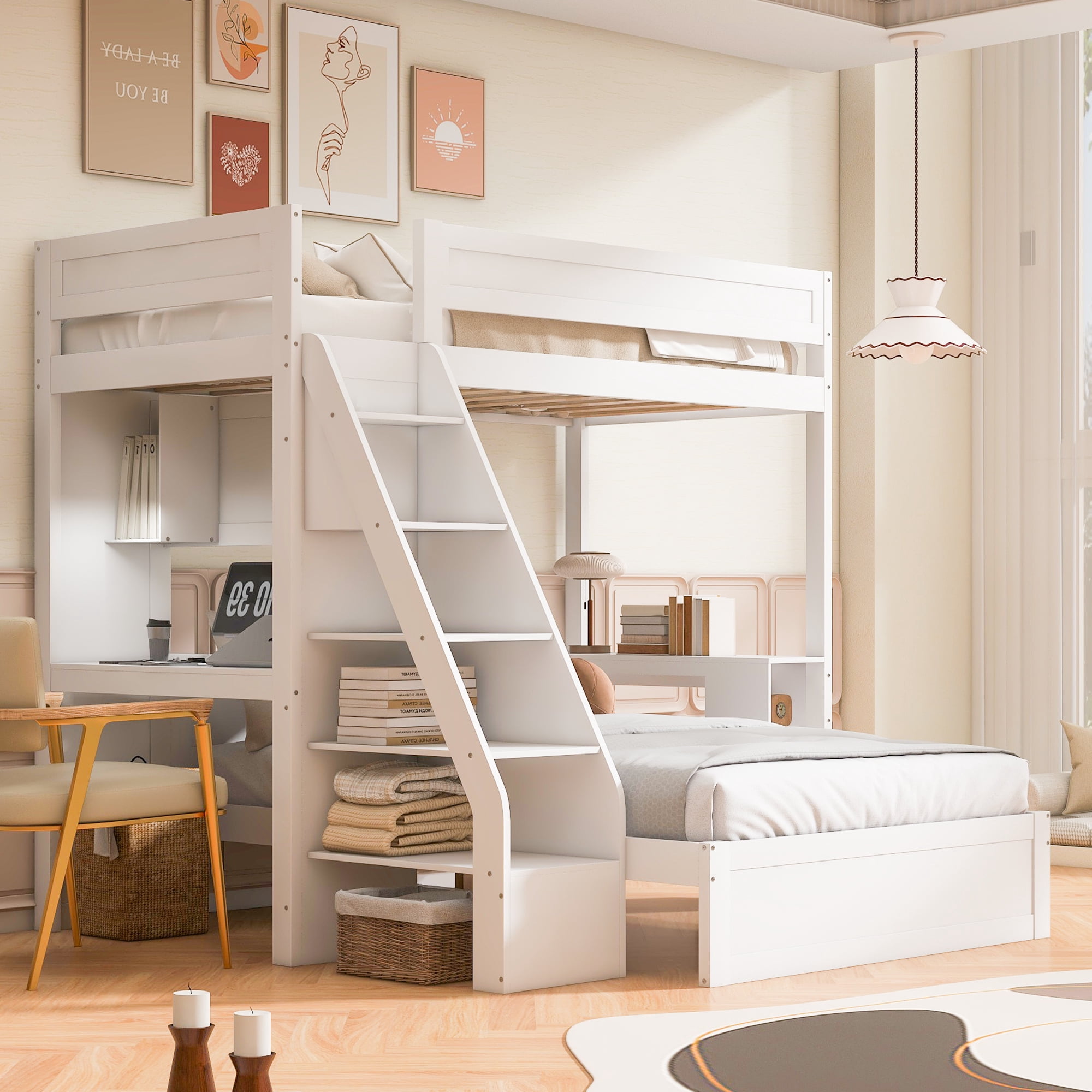 Euroco Wood Twin XL over Full Bunk Bed with Desk, Storage Bed with Shelves and USB Ports, White