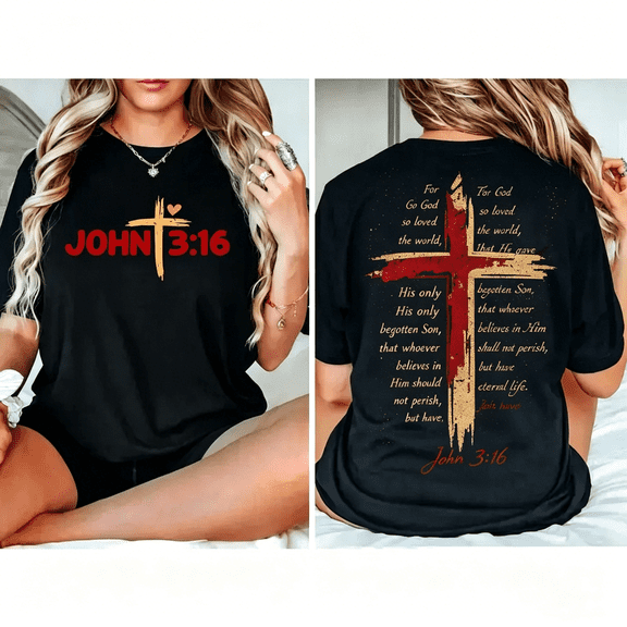 “John 3:16” Double Sided Cross T-Shirt – Christian Bible Verse Graphic Tee, Religious Faith Gift for Men Women