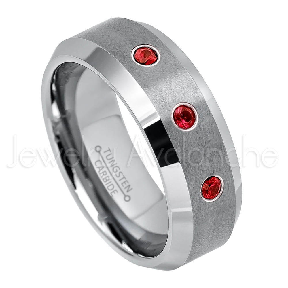 0.21ctw Garnet 3-Stone Tungsten Ring January Birthstone Ring Jewelry Avalanche 8MM Polished Beveled Edge Tungsten Carbide Wedding Band