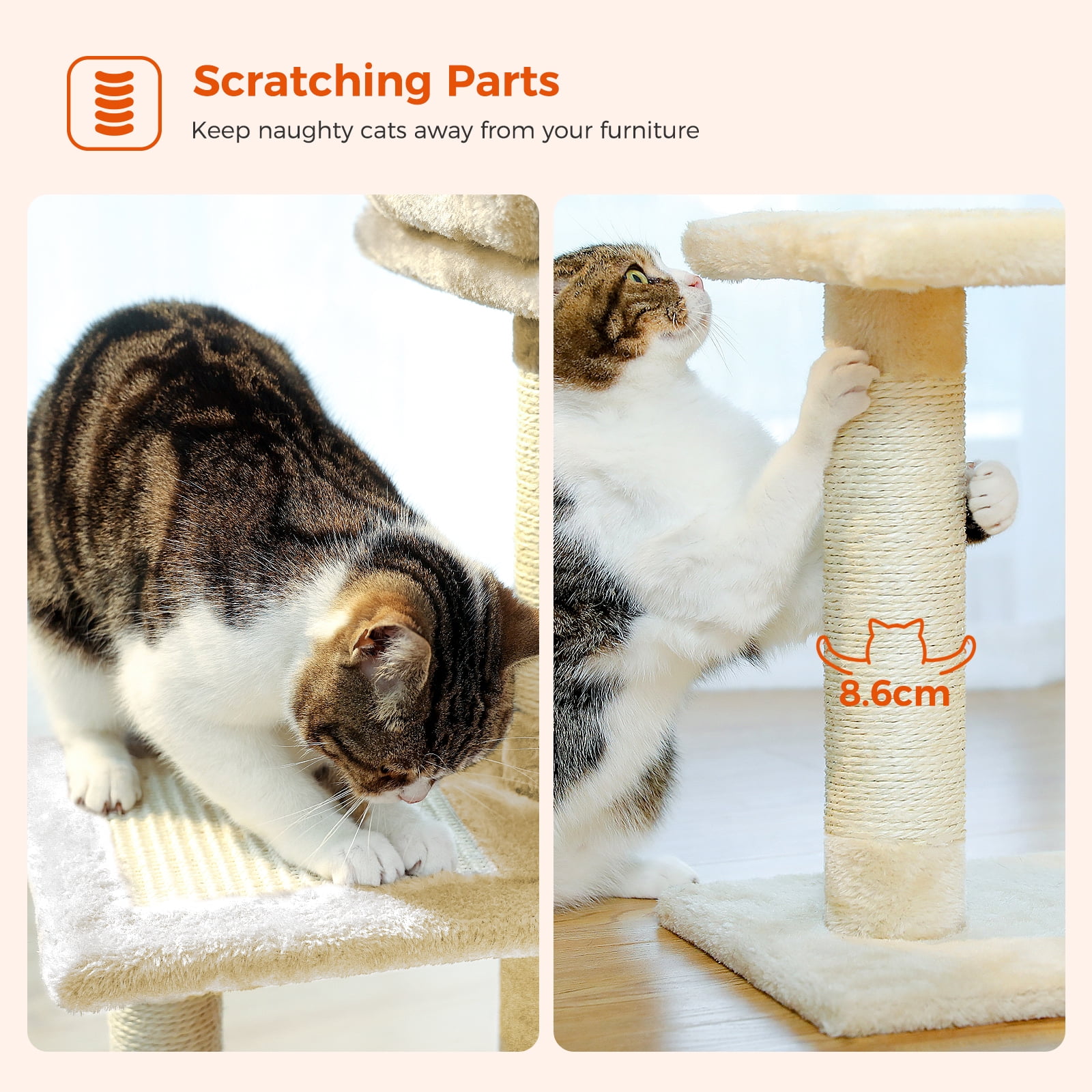 PAWZ Road Cat Tree 28.3" Cat Tower with Large Basket Top Perch and Scratching Posts Pad for Indoor Cats, Beige