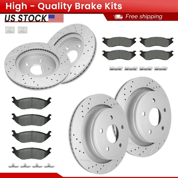 ACB ZONE Front Rear Brake Kits for 2002-2005 Dodge Ram 1500 2004-2006 Dodge Durango, Drilled Slotted Disc Brake Rotors and Ceramic Brake Pads