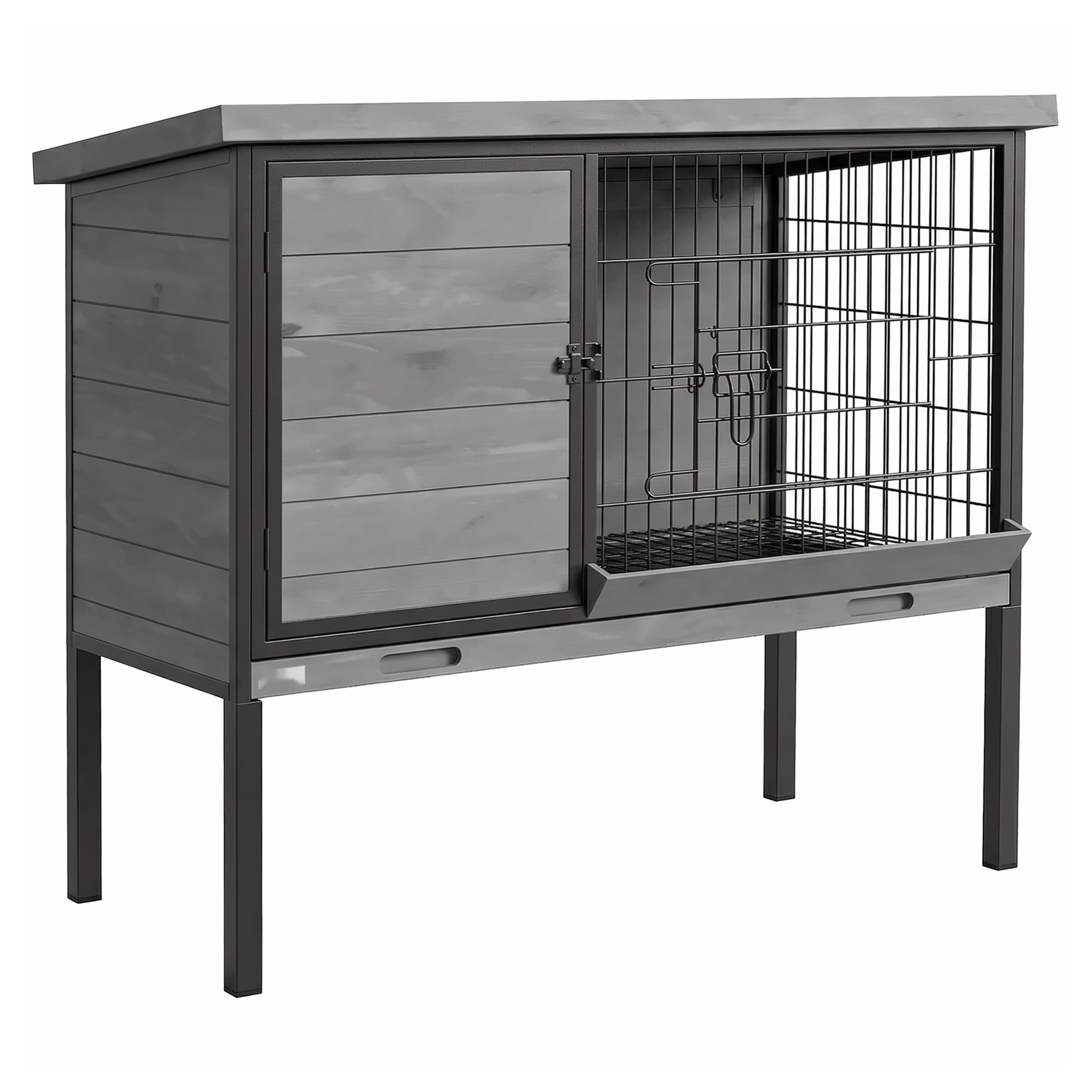 Rabbit Hutch Outdoor Wooden, Bunny Cage with Tray & Open Roof - Elevated Rabbit House for 2 Small Rabbits - Secure Steel & Fir Wood Pet Cage
