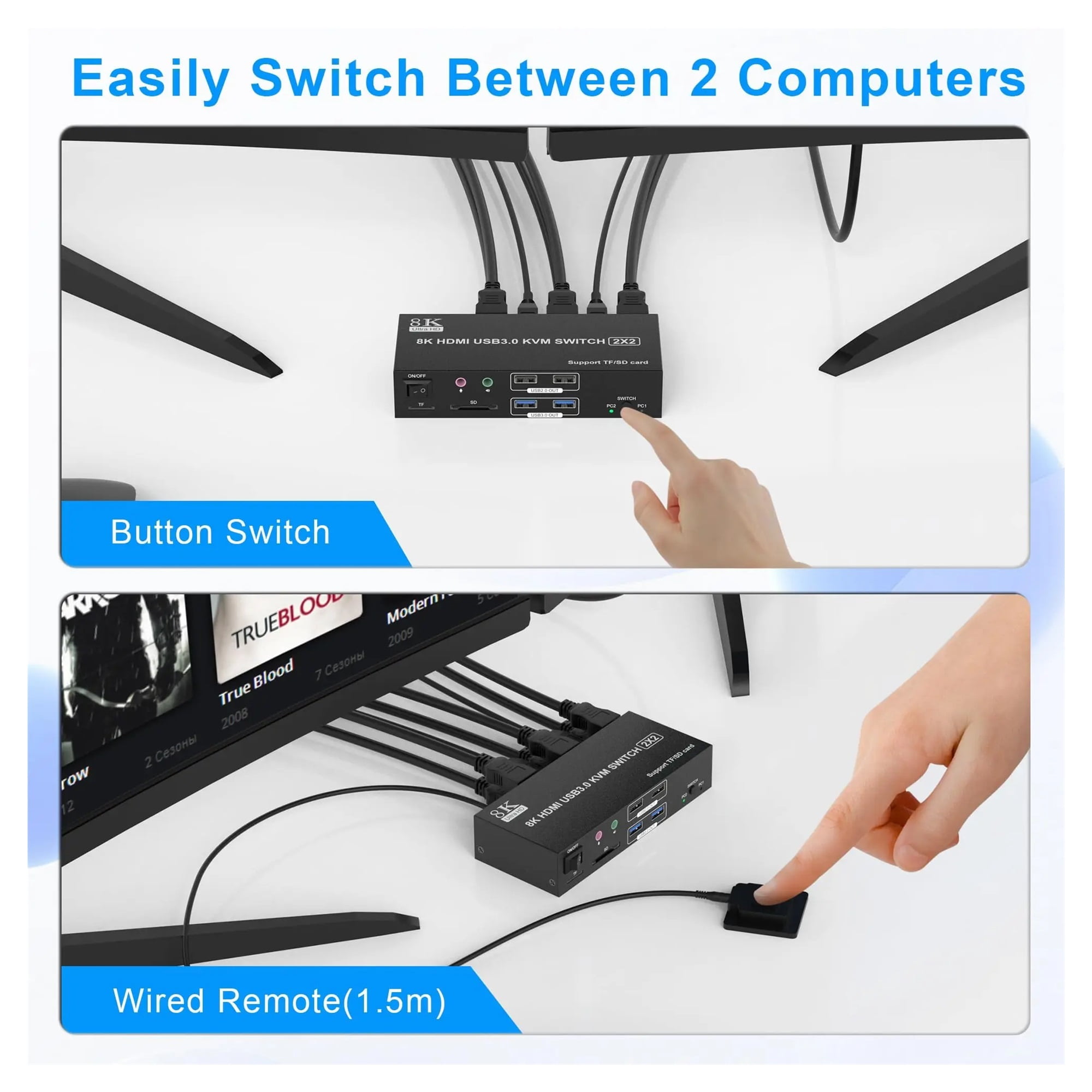 Dual Monitor KVM Switch 4K120Hz 2x2 USB 3.0 DP KVM Switch 2 in 2 out 8K60Hz Mixed Display 2 Monitor 2 Computer,SD TF Ports