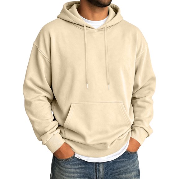 Delconic Mens Winter Casual Pullover Hoodie Long Sleeve Relaxed Fit Drawstring Hood Kangaroo Pocket Ribbed Cuffs Sweatshirt Beige L
